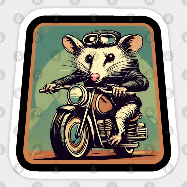 Opossum on motorcycle Sticker by Ilustradamus